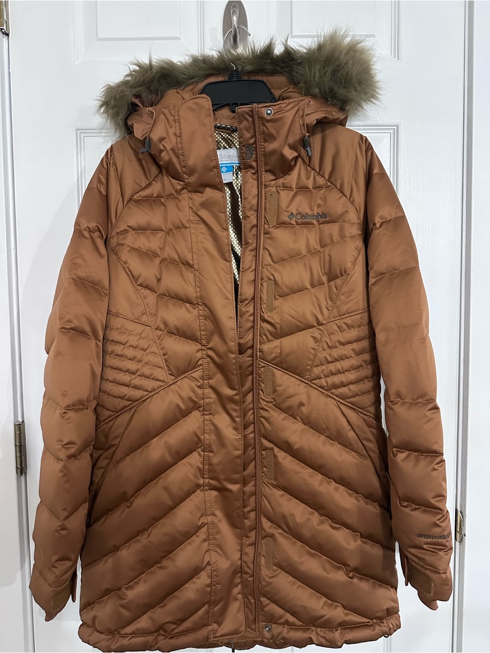 Columbia Women's Lay D Down Tan Brown Hooded Puffer Coat with Faux Fur Trim